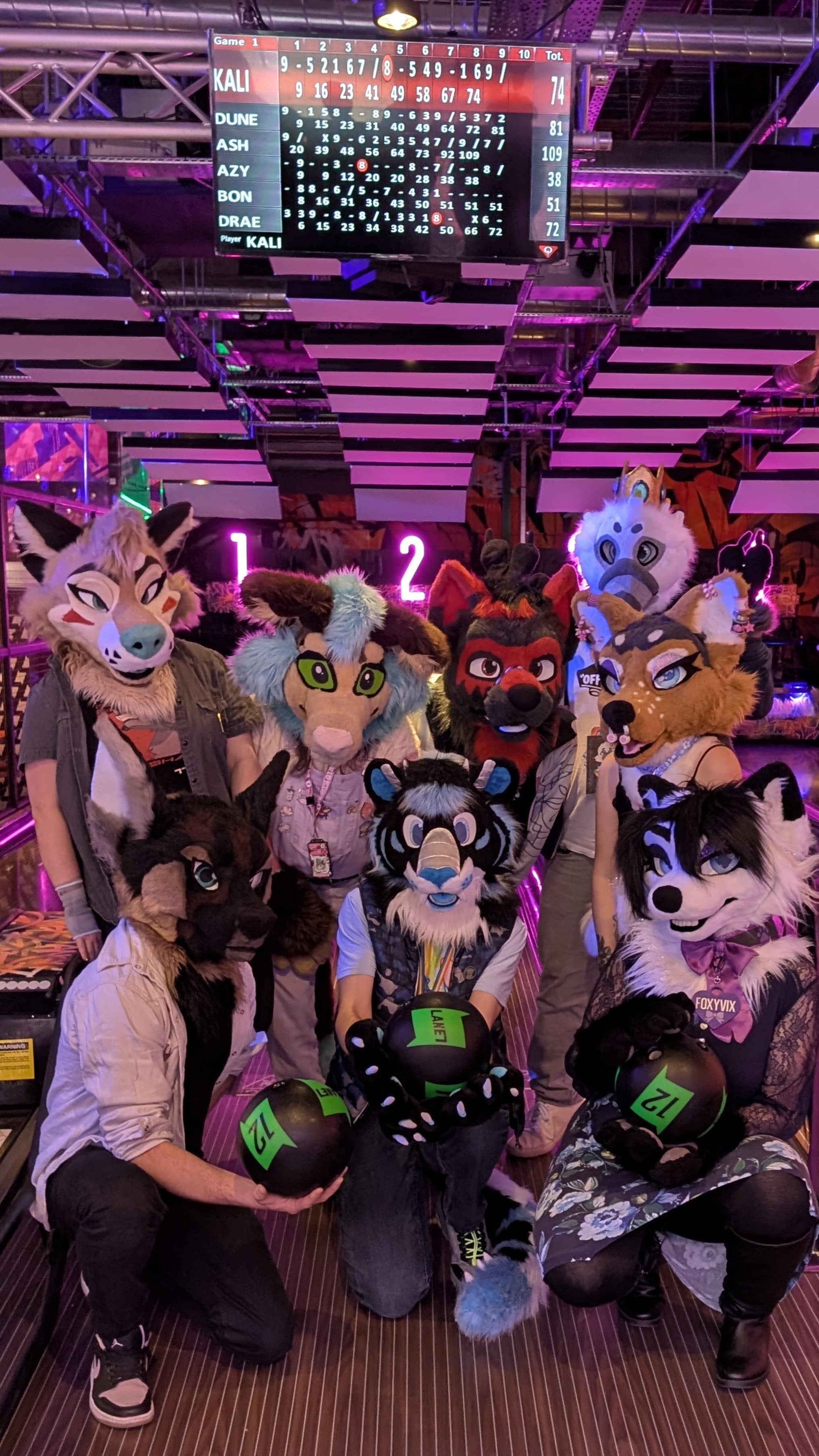A collection of fursuiters at a ThamesFurs bowling meet!